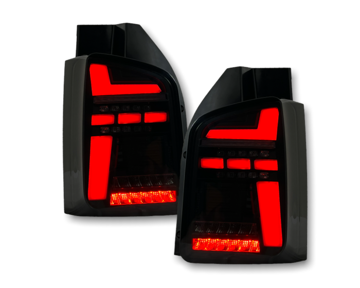 Pilotos traseros LED VW T5.1 03-09 Gullwing en look T6.1 con intermitentes dinámicos negro/humo/rojo - Imagen 4
